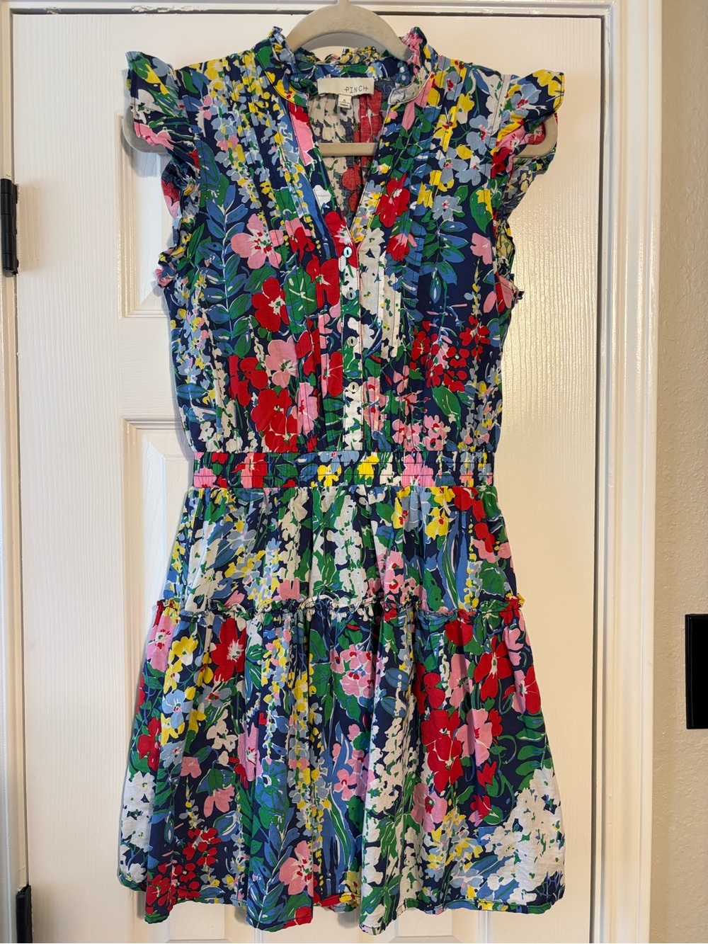 Pinch Floral Mini Dress Ruffle Sleeve Tiered Cotton Blue Multi Small